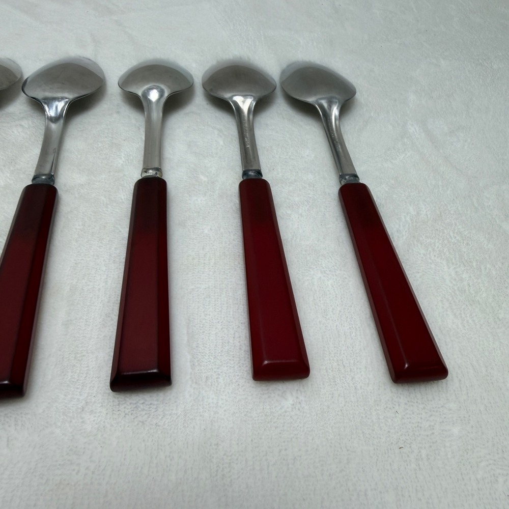 VTG Red Bakelite Handle Stainless Steel Spoons Set of 5 Mid-Century Art Deco - Picture 10 of 14